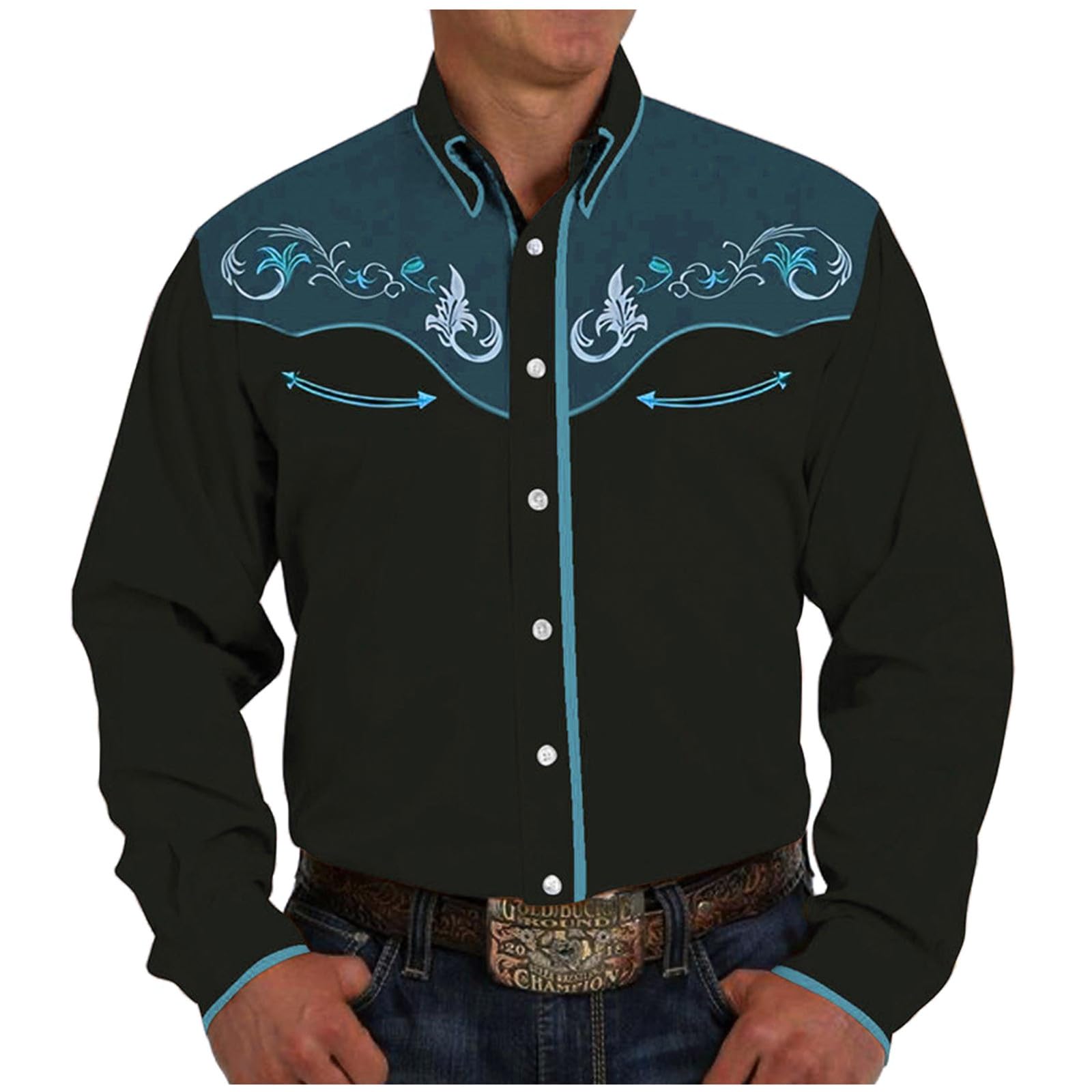 Mymyguoe Western Shirt Men's Casual Western Shirt Wedding Party Men's Shirt Cowboy Embroidered Long Sleeve Shirt Print Slim Western Shirt Retro Lapel Shirts Traditional Cowboy Shirt, S01 Light Blue