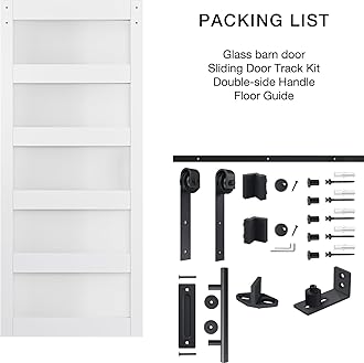 36" x 84" 5 Panel Glass Barn Door with 6.5' Sliding Door Hardware Kit & Handles with Drill Holes Easy Assembly Solid Wood Slab & MDF Waterproof PVC Surface Cover White