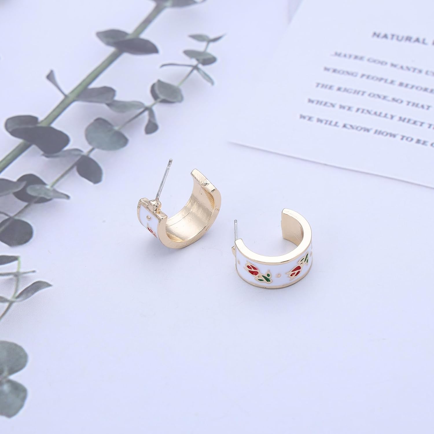 Vintage Enamel Flower Hoop Earrings Wide C Shape Earrings White Open Circle Earrings Tulip Flower Earrings Enamel Open Hoop Earrings Jewelry for Women - Image 4
