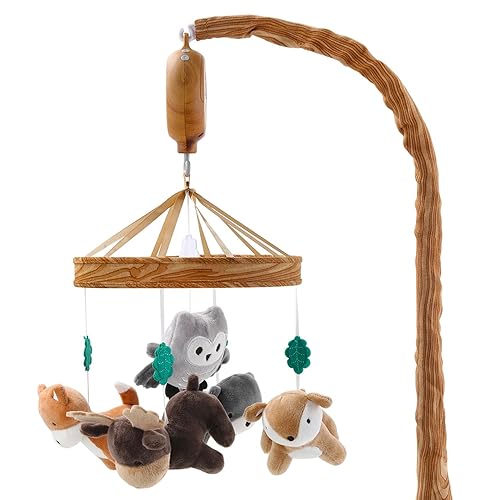 The Peanutshell Cuna móvil para niños o niñas  Móvil musical de grano de madera para cuna con 12 canciones de cuna, decoración caprichosa del bosque