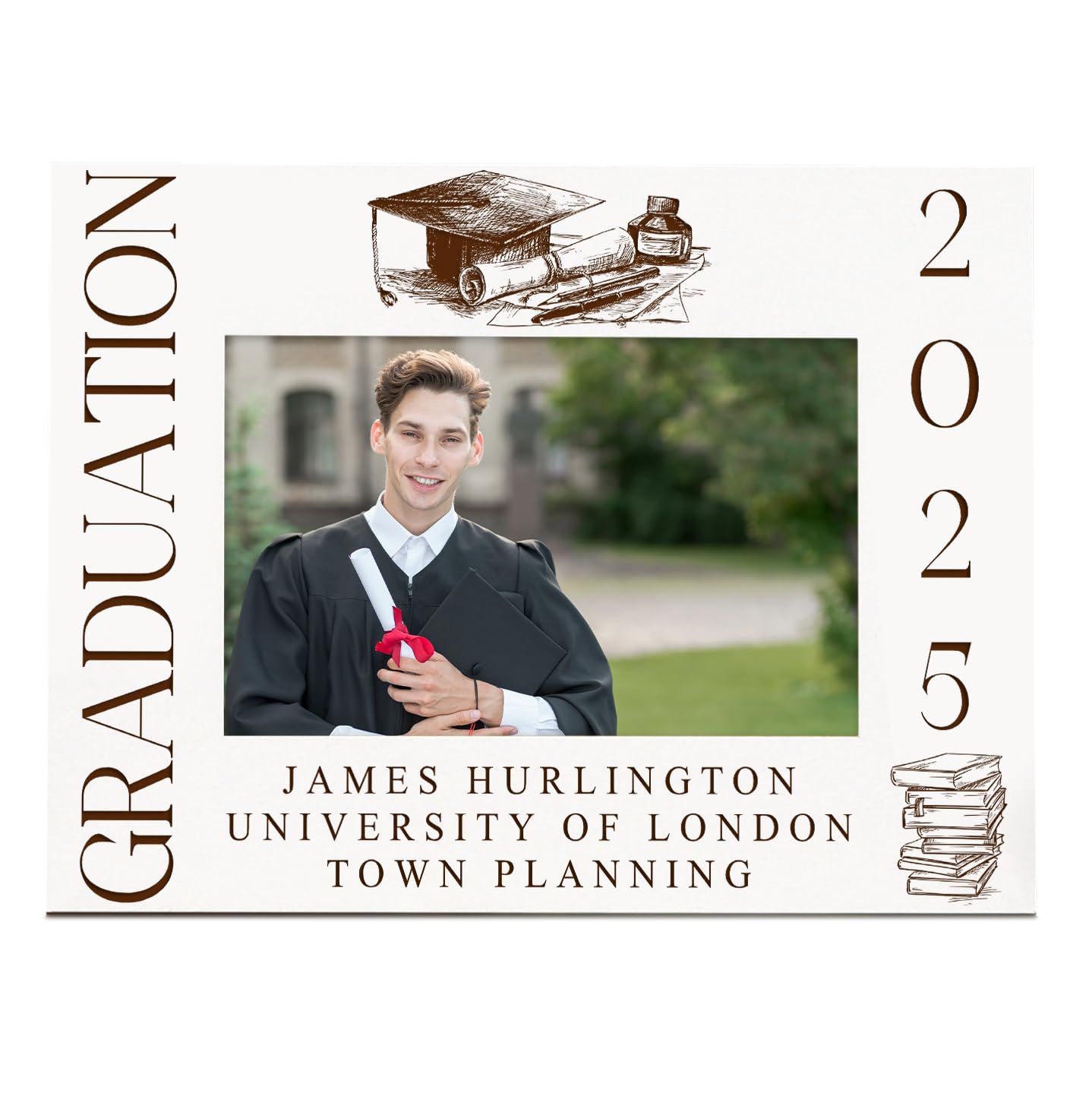 Personalised Wooden Graduation Photo Frame with Book and Cap Engravings, Custom Laser Engraved Gift
