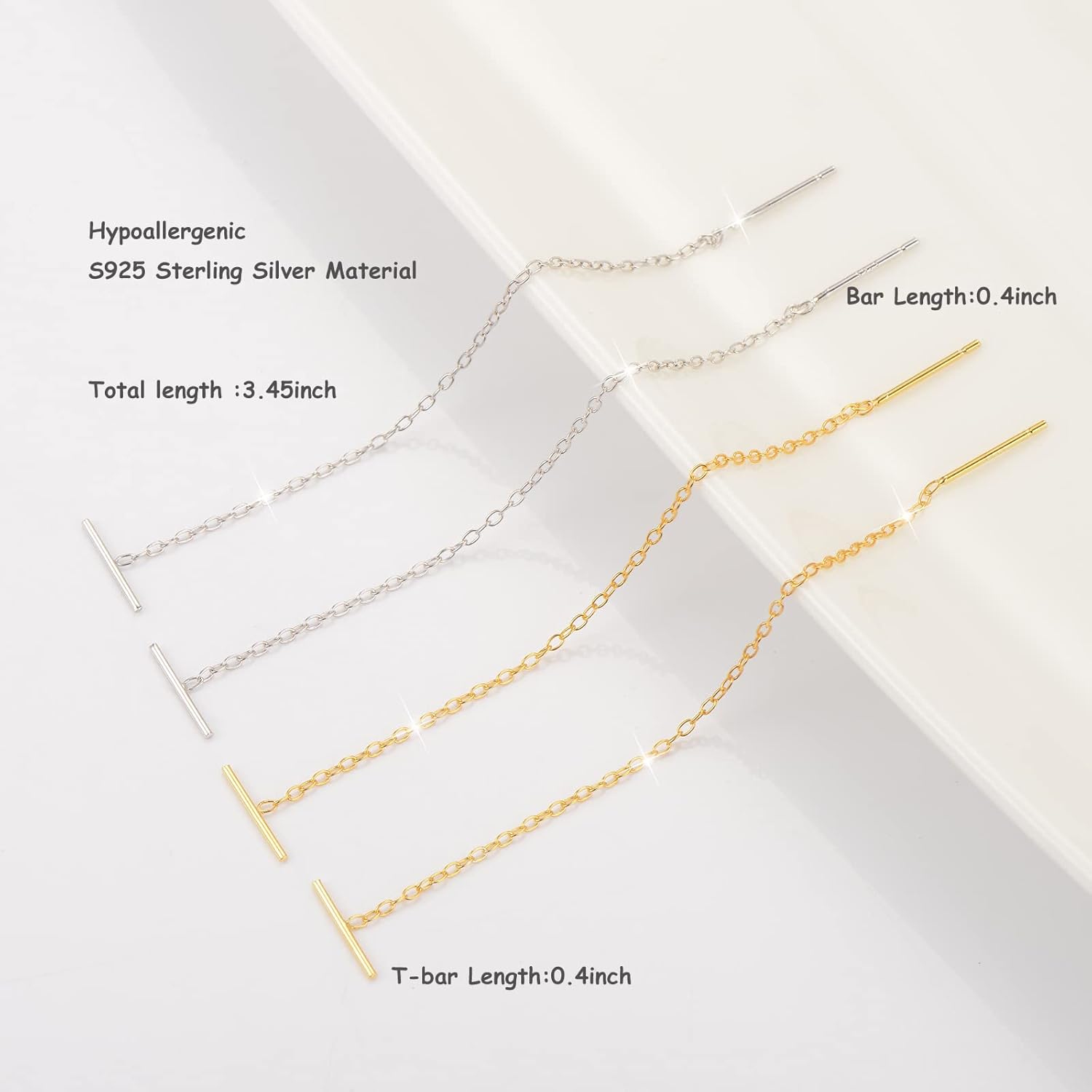 14K Gold Plated 925 Sterling Silver Threader Chain Dangle Earrings for Women,Hypoallergenic and Versaltile Minimalist Everyday Earrings 2 Pairs (2.4" / 4.8") - Image 4