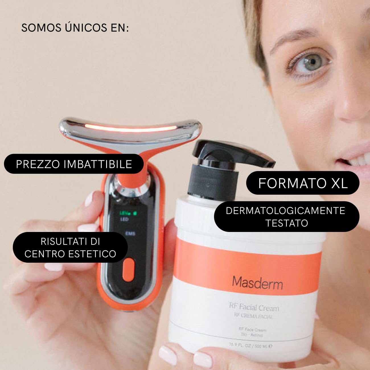 MASDERM | Confezione massaggiatore viso e collo + crema viso a radiofrequenza idratante 500 ml | rassodante antirughe | Massager galvanica facciale | Red Light Therapy Face | Trattamento professionale