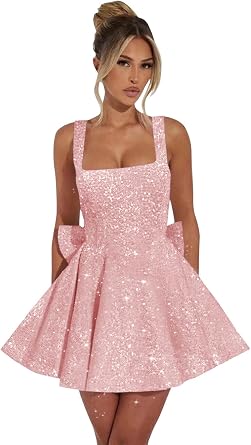 Bolodoo Sparkly Sequin Homecoming Dresses for Teens with Bow Short Puffy Graduation Prom Party Gown