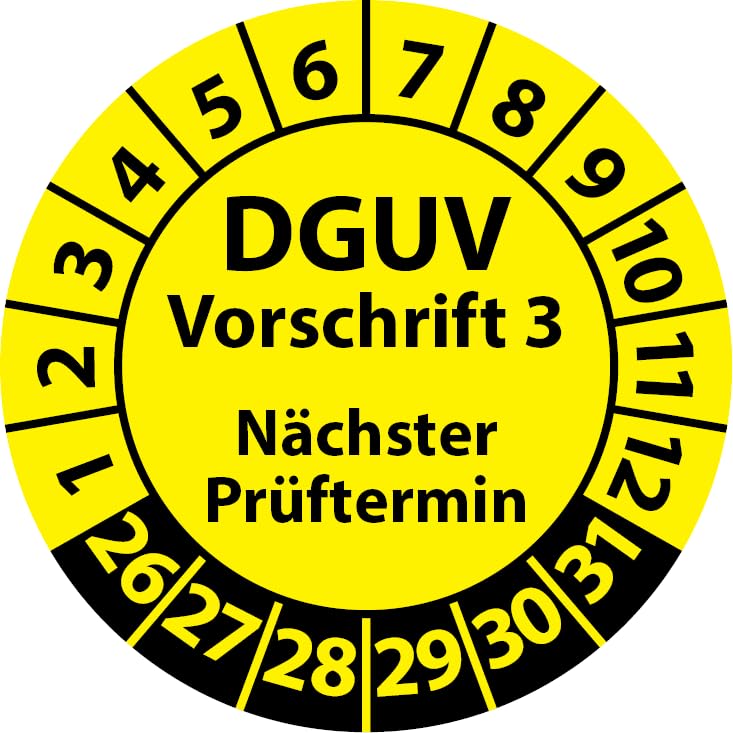 Prüfplakette DGUV Vorschrift 3 Nächster Prüftermin selbstklebend Prüfaufkleber Prüfetikett Plakette (20 mm Ø Gelb 100)