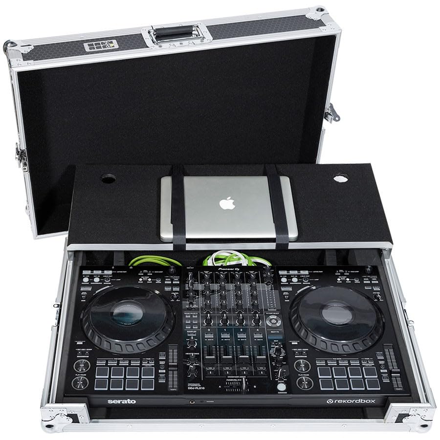 Flight Case pour contrôleur DJ Walkasse Pro DDJ-FLX10 LTS Silver. Support pour Ordinateur Portable. Rembourrage de Protection Interne en Mousse Dense. Support pour Ordinateur Portable. Multiplis 9 mm