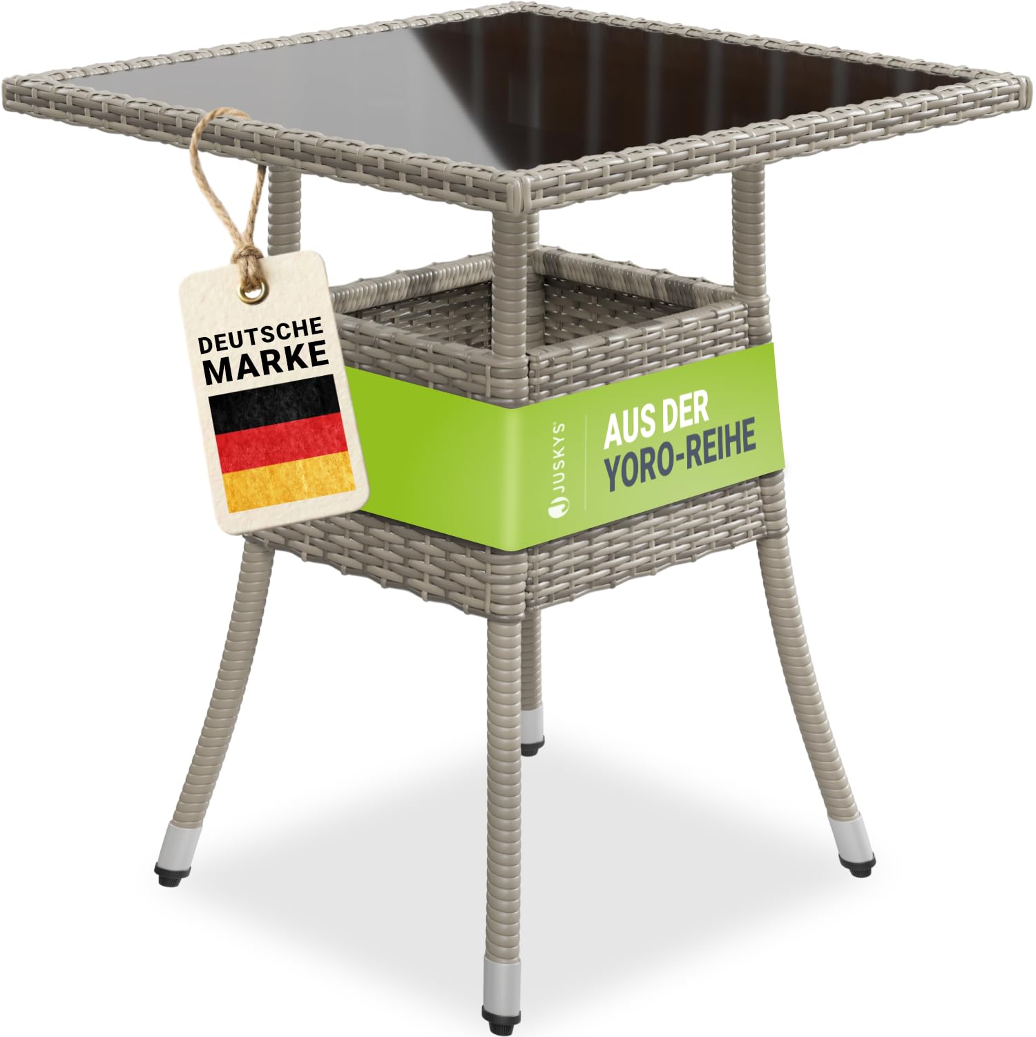 Juskys Polyrattan Gartentisch Yoro wetterfest - Balkontisch 60x60 cm eckig - Rattan Beistelltisch mit Glasplatte - Kleiner Tisch für Balkon - Grau