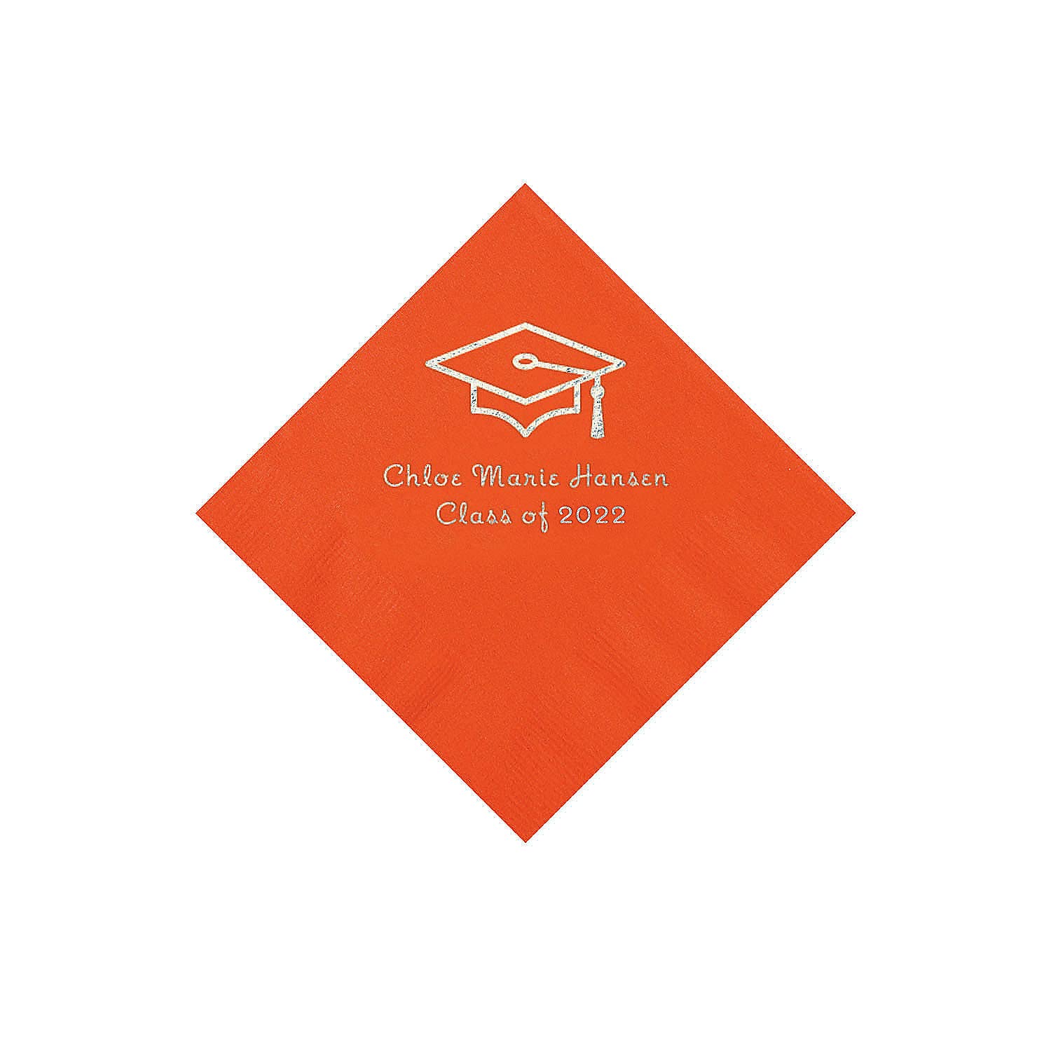 Orange Grad Mortarboard Personalized Napkins with Silver Foil - 50 Pc. Beverage