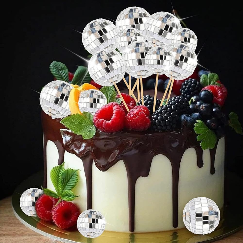 24 Decorazioni Per Torte A Sfera Specchio – Tema Discoteca, Argento, 8x2 Cm, In Schiuma E Legno, Per Compleanni E Dessert