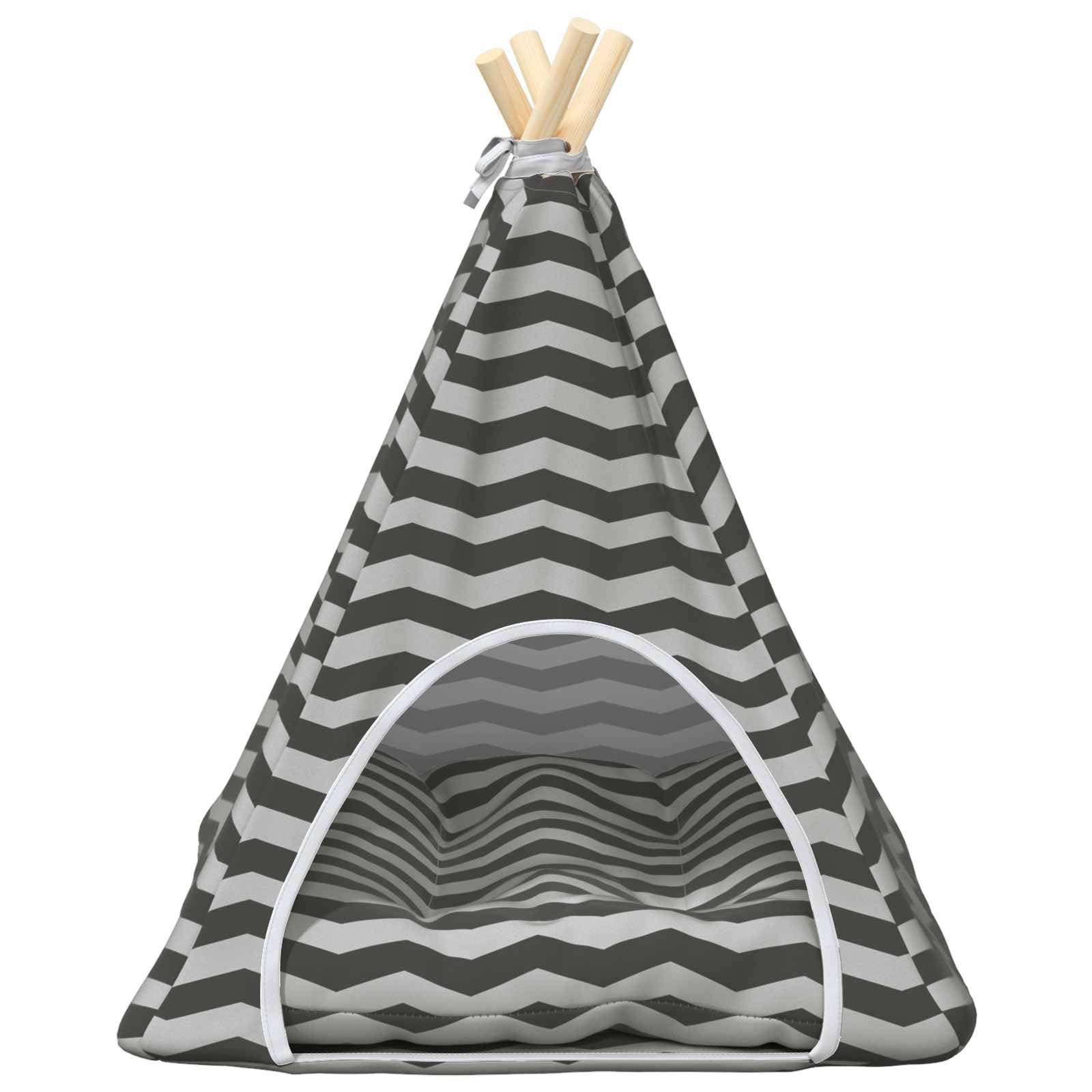 Tipi para mascotas con cojín blanco y gris, 50 x 50 x 60 cm, cueva para gatos, cesta para gatos, cojín para gatos, cama acogedora con estaca de madera de pino para gatos y perros pequeños