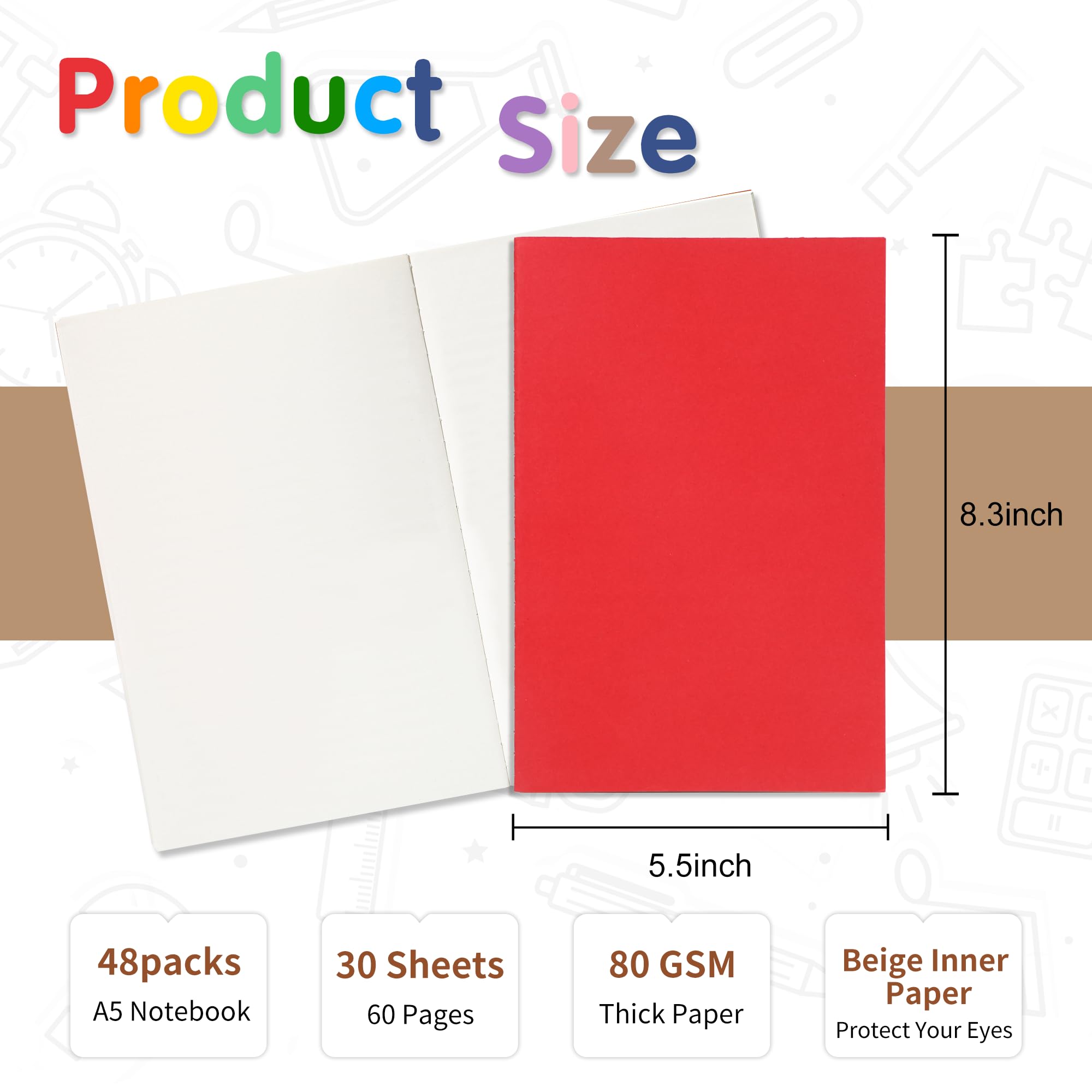 48 quaderni colorati A5 bianchi, 21 x 14 cm, piccoli diari per viaggiatori, 60 pagine/30 fogli a righe, 80 g/m², per adulti, bambini, studenti, scuola, ufficio, viaggiatori