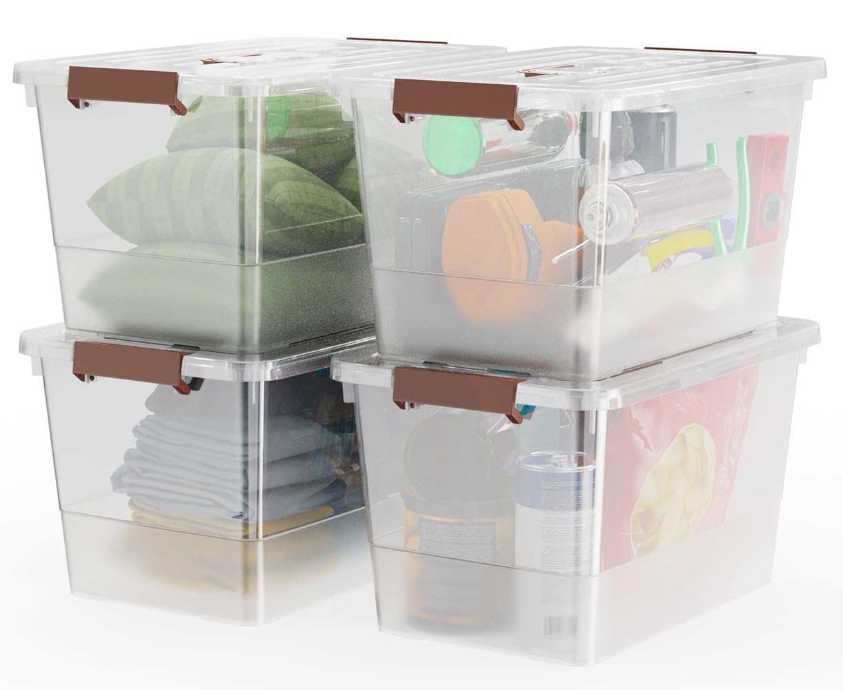 WYT 4 Pack 32qt Clear Plastic Storage Bin with Lid and Latching Buckles, Stackable Tote Organizing Box with Handle