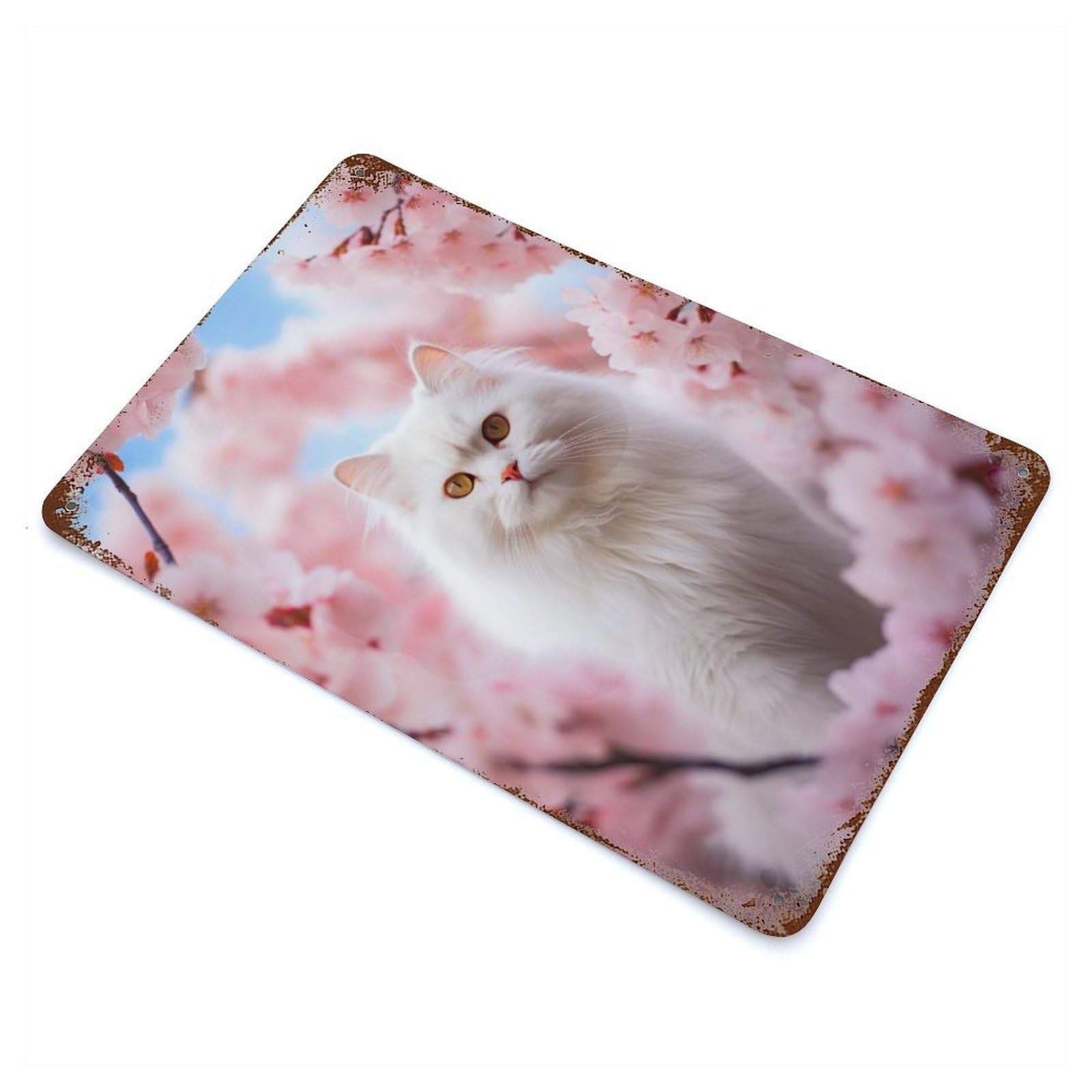 Cat in Spring Pink Bloom Retro Metal Sign 11.8"x7.9", for Pub, Kitchen And Man Cave Decor, Retro Wall Decor