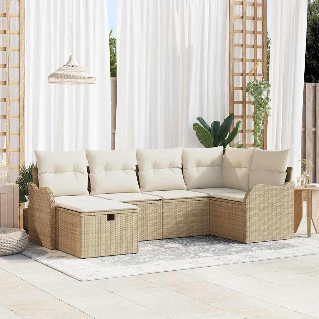 Juego de sofás de jardín modular polirratán beige 6 piezas con cojines, moderno conjunto de asientos para patio de 6 piezas con cómodos asientos y espacio de almacenamiento