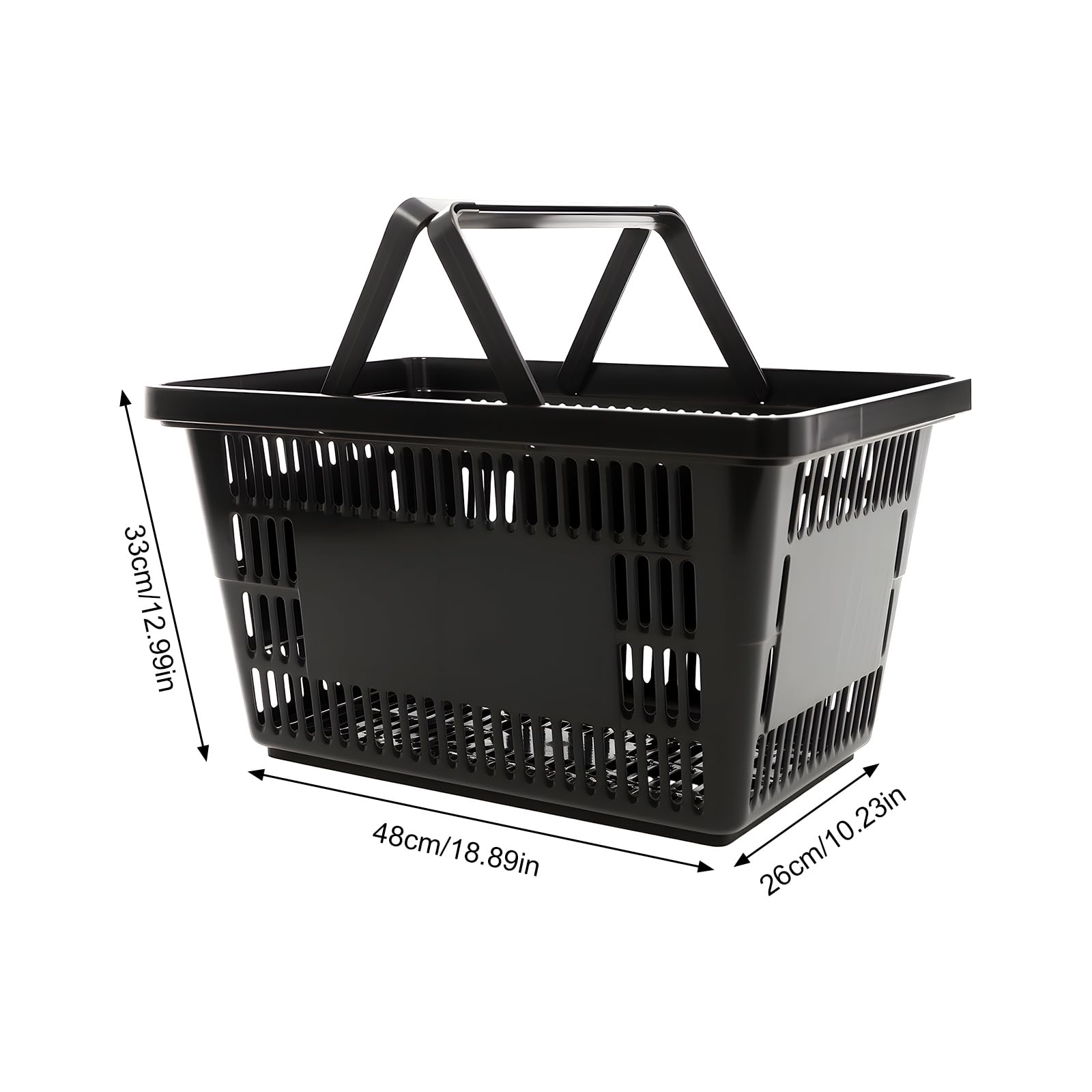 Lote de 12 cestas de plástico PP 28L capacidad 10 Kg, apilables rectangulares, negro, cestas de compras con asas para supermercado, tienda, transporte, verduras, frutas y juguetes resistentes