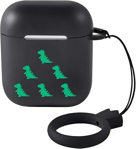 JOYLAND Funda de dinosaurio negro para AirPod 1 y 2 con correa de cordón, funda negra de dinosaurio flexible, antipolvo, a prueba de golpes, funda