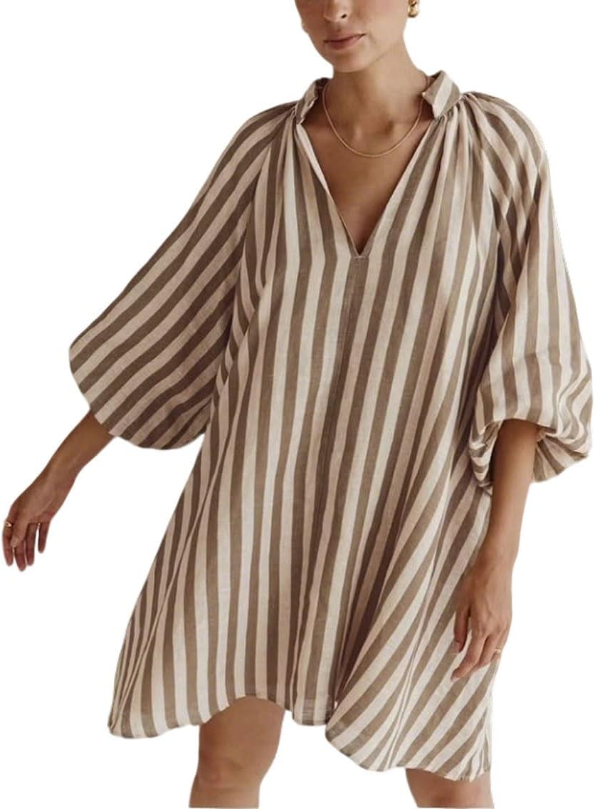 CHARTOU Women Summer Striped Beach Vacation Mini Dress 3/4 Sleeve Boho Chic Outfits Tunic Shift Dress