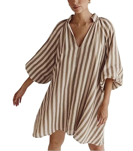 CHARTOU Women Summer Striped Beach Vacation Mini Dress 3/4 Sleeve