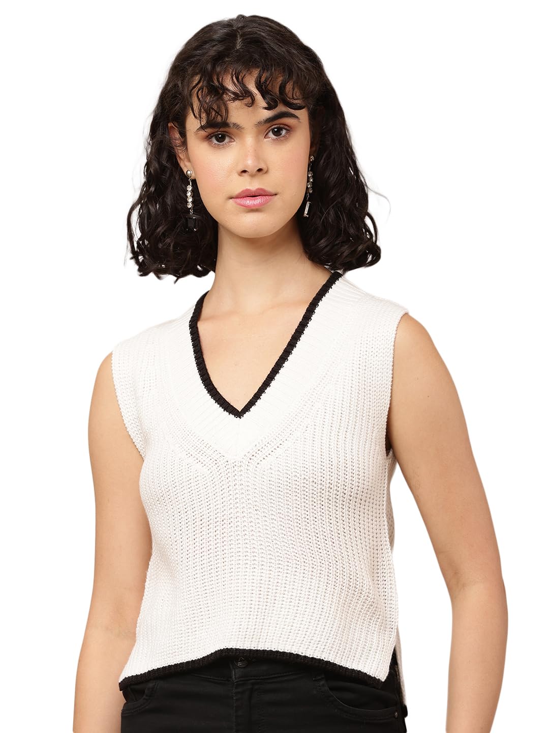 nobarr Women's Acrylic Sleeveless with V-Neck White Sweater Vest-picture-24