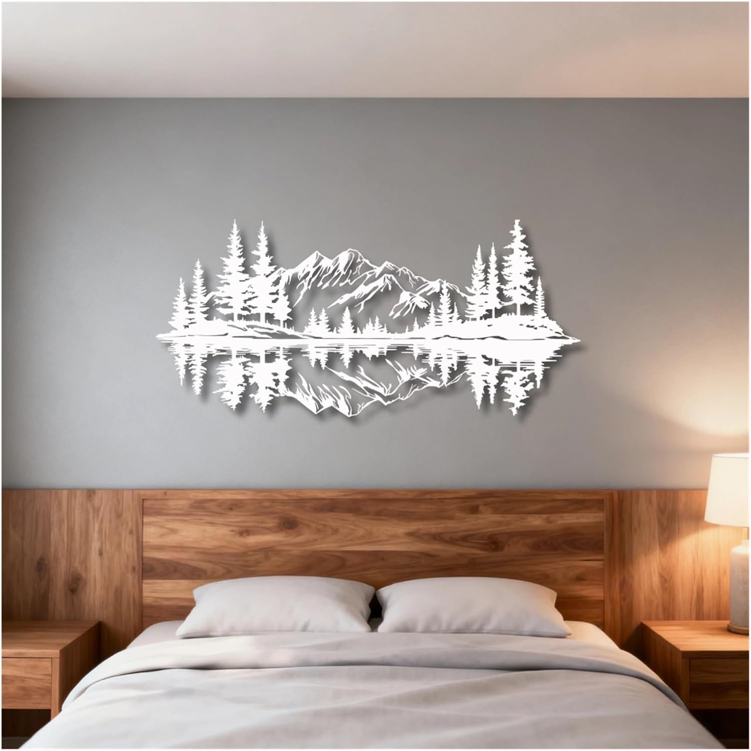 Mountain View Metal Wall Art,Nature Landscape Home Decor with Reflection,Black Iron Sculpture for Bedroom Garden Living Room Outdoor Office(White,35 x17 in/90x42 cm)