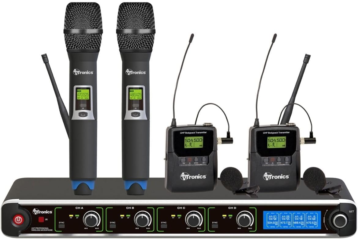 200-Channel Wireless Microphone System with 2 Handheld & 2 Lapel Mics | Perfect for Businesses & Organizations | Long Range, IR Sync, LCD Display, 1-Year Warranty