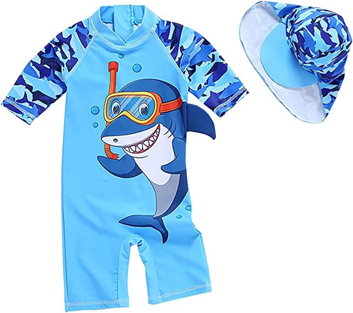 Baby Boys Kids Swimsuit Toddlers One Piece Zipper Swimwear with Hat Rash Guard Surfing Suit
