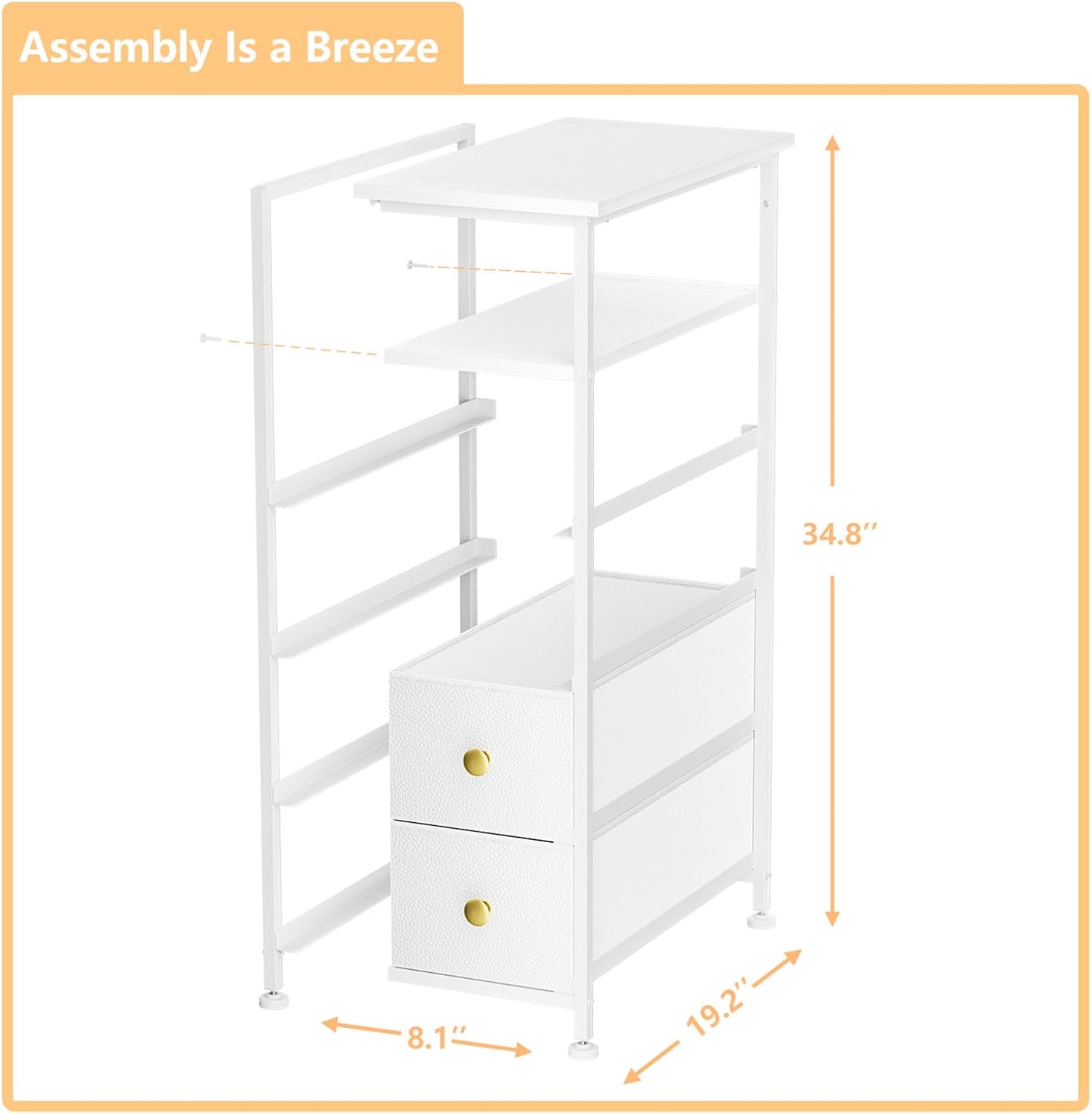 Narrow Dresser for Bedroom, Slim Dresser Storage Tower, Chest of 4 Fabric Drawers with Wood Shelf, Bathroom Organizers and Storage for Small Spaces, Laundry, Closet, White