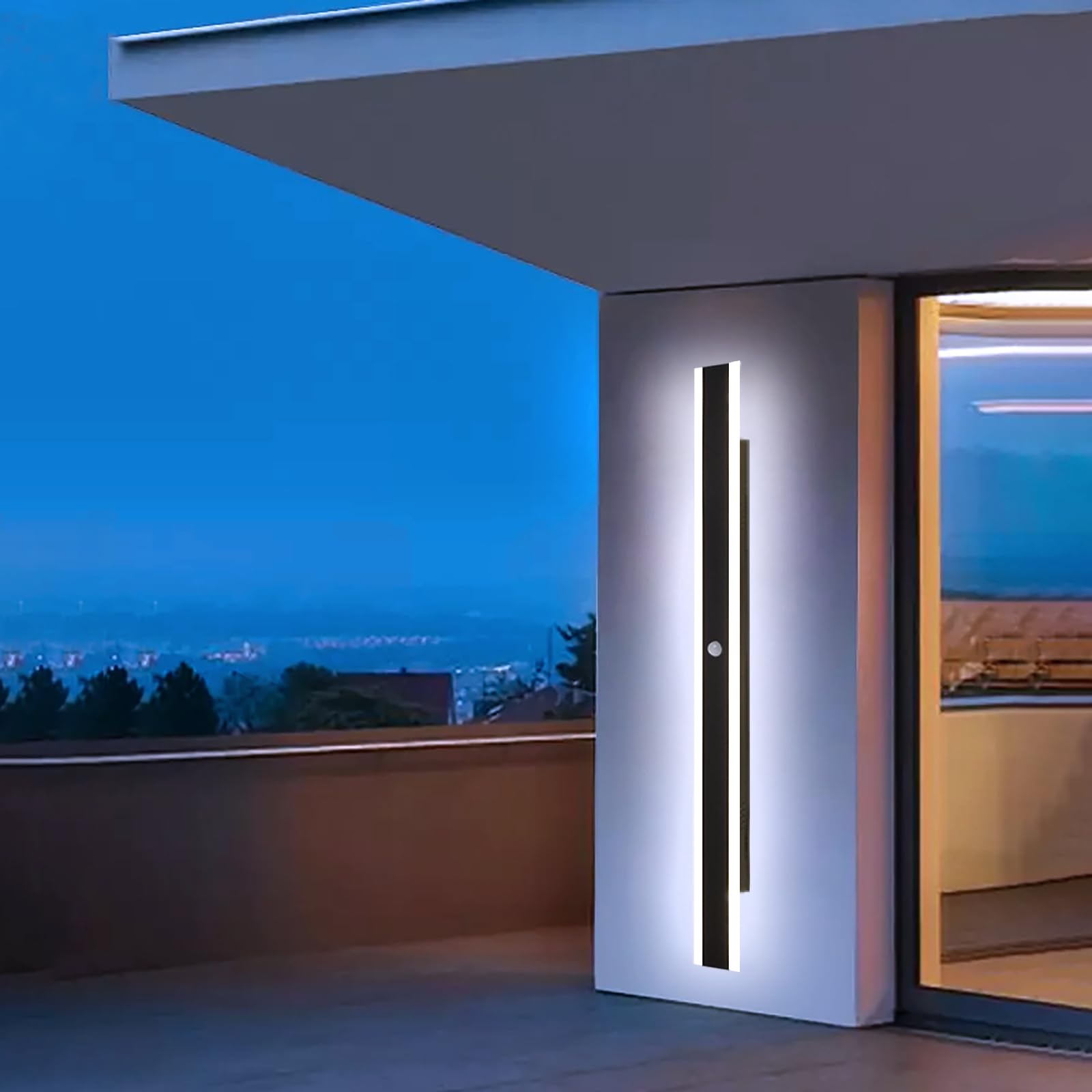 Lungo Applique da Parete LED con Sensore di Movimento 60CM Esterno Nera Lampada da Parete Moderna Impermeabile Luce Bianco 6000K Aplique Interno Esterni per Terrazza Veranda Balcone Villa
