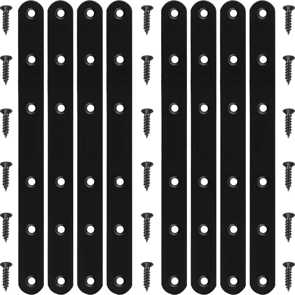 8 Pack Black Straight Brace Brackets 8 Inch Stainless Steel Flat Mending Plates, Heavy Duty Repair Fixing Joining Brackets for Wood with Screws