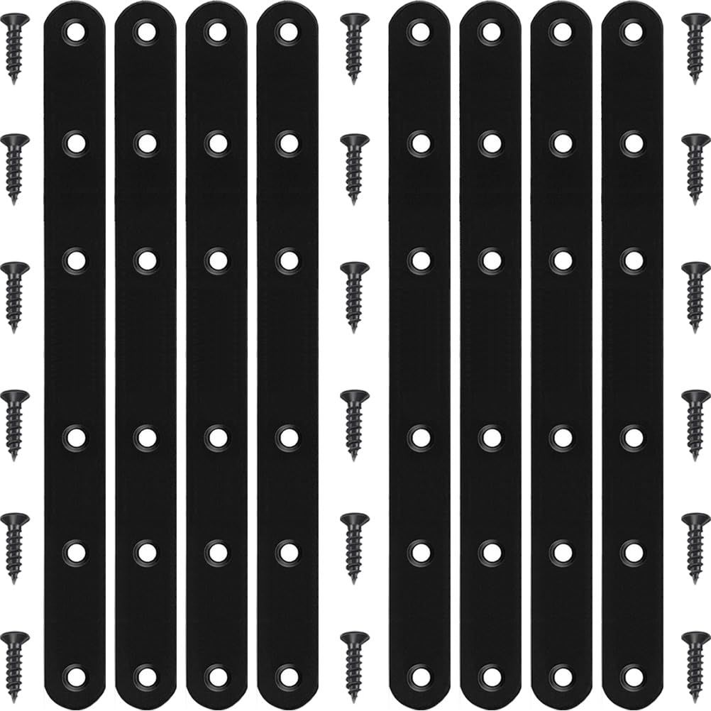 8 Pack Black Straight Brace Brackets 8 Inch Stainless Steel Flat Mending Plates, Heavy Duty Repair Fixing Joining Brackets for Wood with Screws