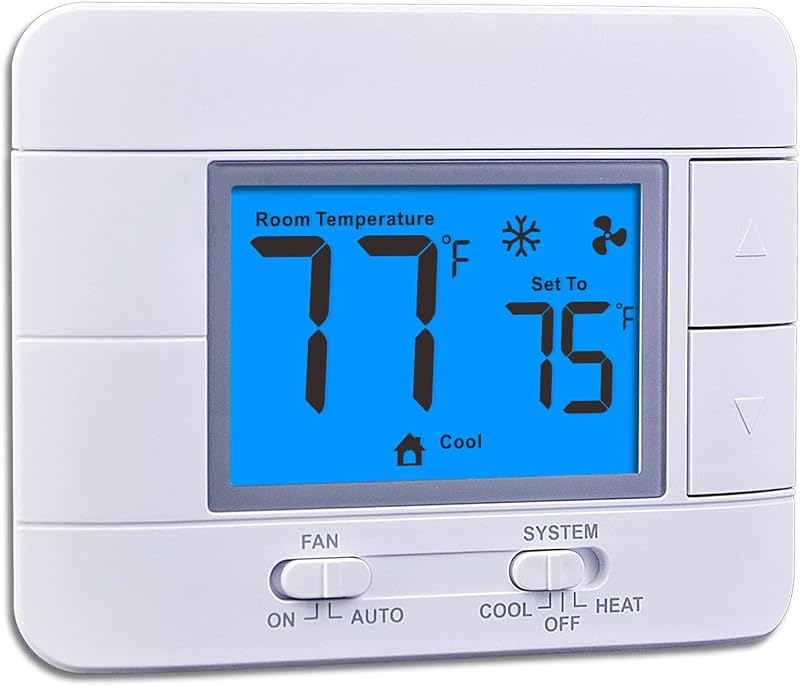 Termostato digital no programable actualizado para el hogar 1 sistema de calefacción/1 frío de una sola etapa, con monitor de temperatura y humedad y pantalla LCD azul grande