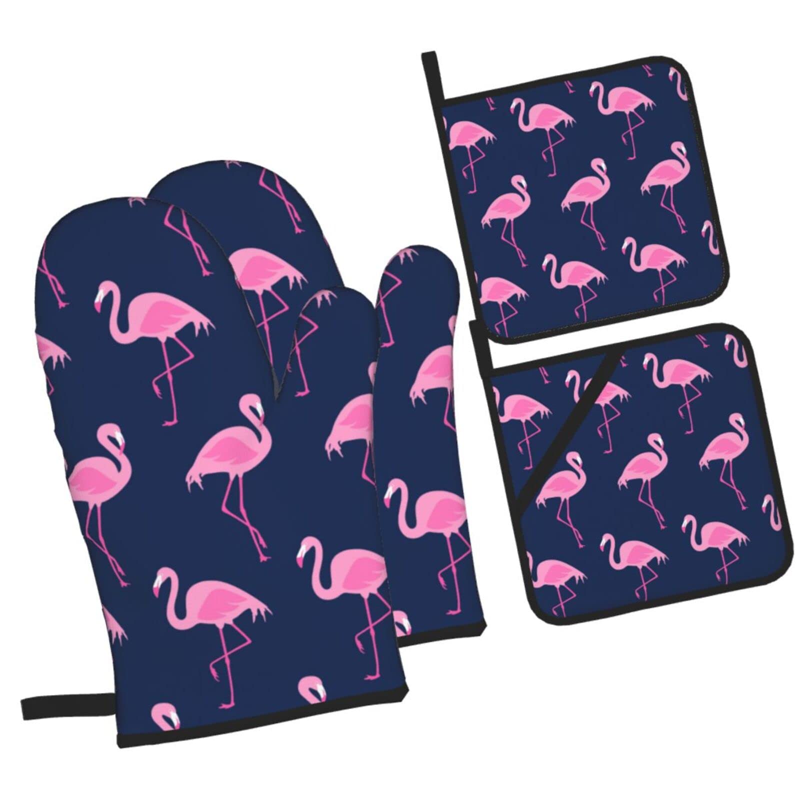 Seamless Pattern with Flamingos Oven Mitts and Pot Holders Sets, Christmas Oven Mitt Kitchen Heat Resistant Non-Slip Pot Holders Set for Cooking Baking BBQ