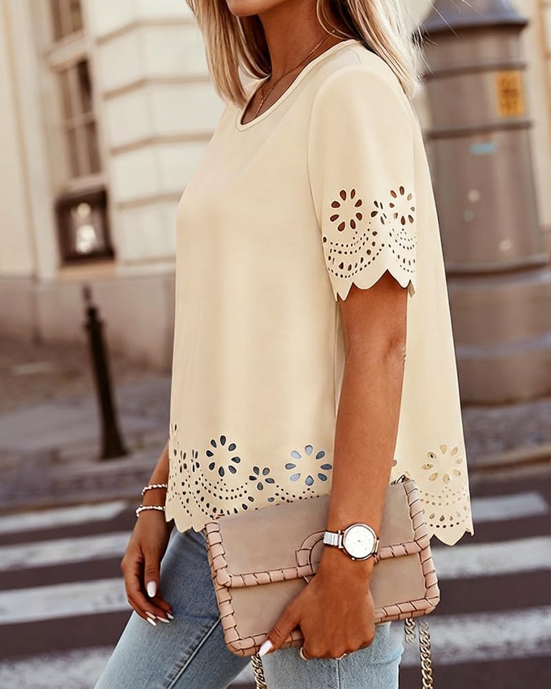 CHICME Women's Casual Summer Top 2026 Short Sleeve Round Neck Laser Cut Eyelet Scallop Trim Shirt for Vacation Daily Wear - Image 3