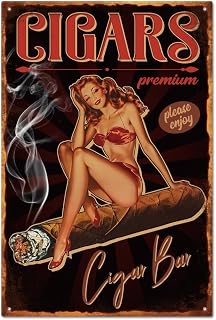 GLOBLELAND Vintage Pin Up Lady Metal Tin Sign 8x12in - Retro Cigar Funny Wall Decor for Bars Pubs Man Caves Home