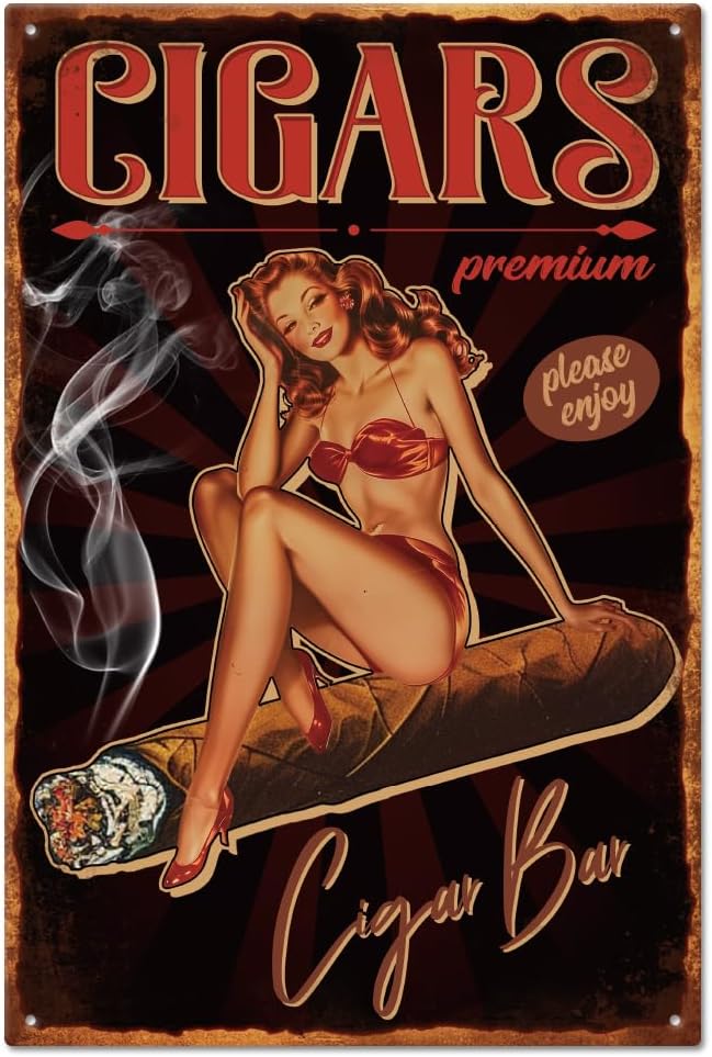 GLOBLELAND Vintage Pin Up Lady Metal Tin Sign 8×12inch Retro Cigar Funny Tin Room Door Sign Man Cave Signs Art Plaque Poster Wall Art Decor for Home Bars Cafe Pubs Club Decoration