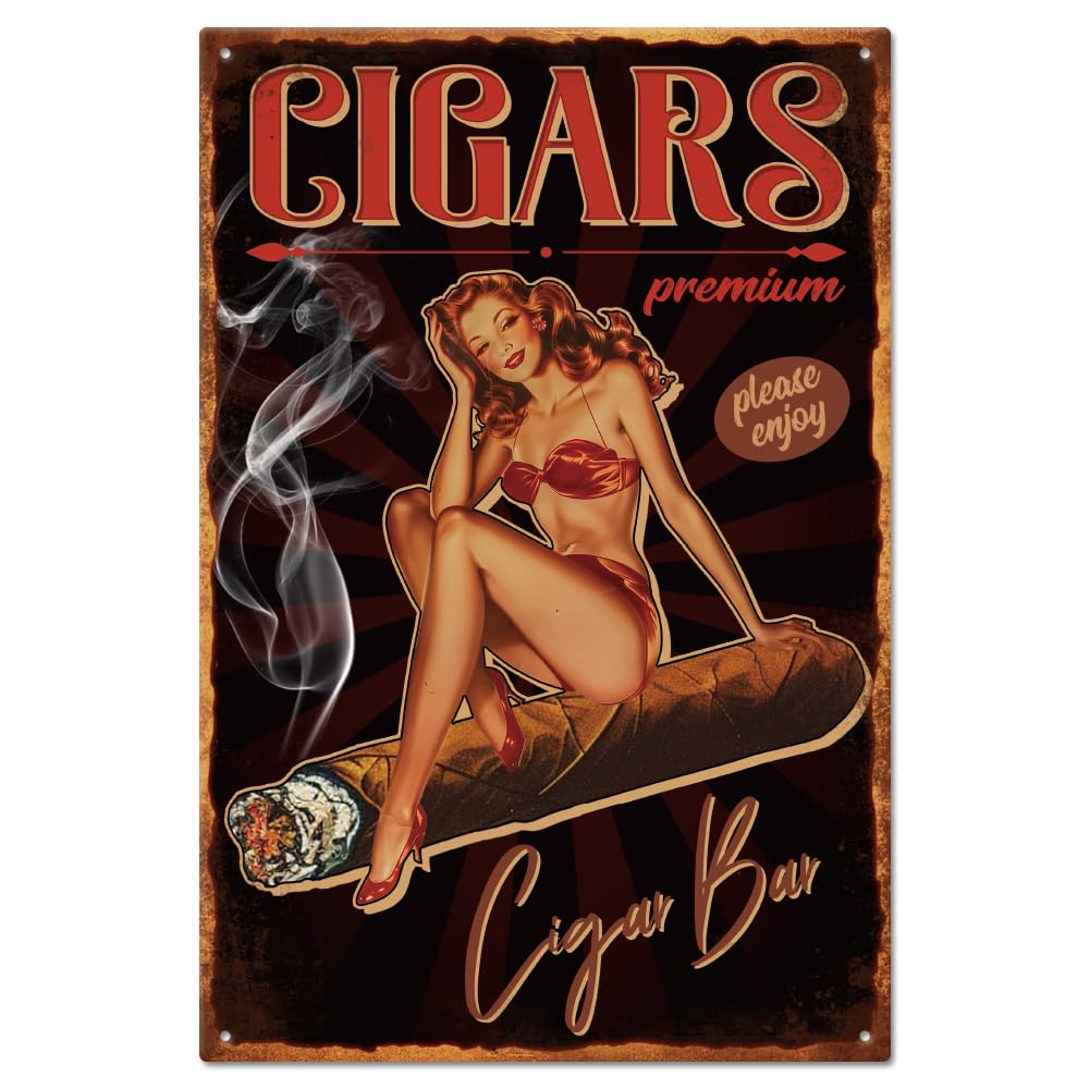 GLOBLELAND Vintage Pin Up Lady Metal Tin Sign 8×12inch Retro Cigar Funny Tin Room Door Sign Cave Signs Art Plaque Poster Wall Decor for Home Bars Cafe Pubs Club Decoration