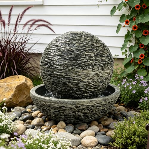 IEPKDO Outdoor Stone Sphere Water Fountain with Pump for Garden & Patio
