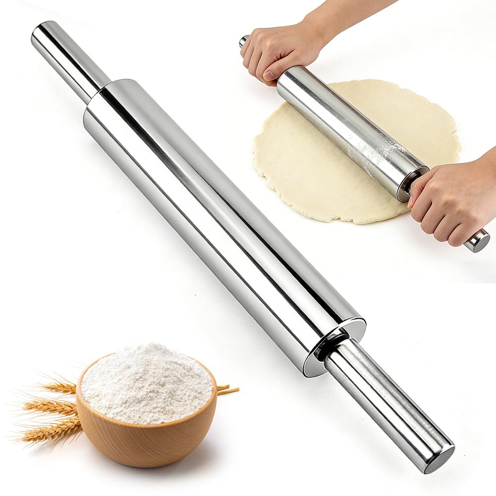 Mattarello in Acciaio Inossidabile, 43 cm con Superficie Antiaderente, Rullo per Pizza, Fondente, Torte e Altro, Igienico e Lavabile in Lavastoviglie