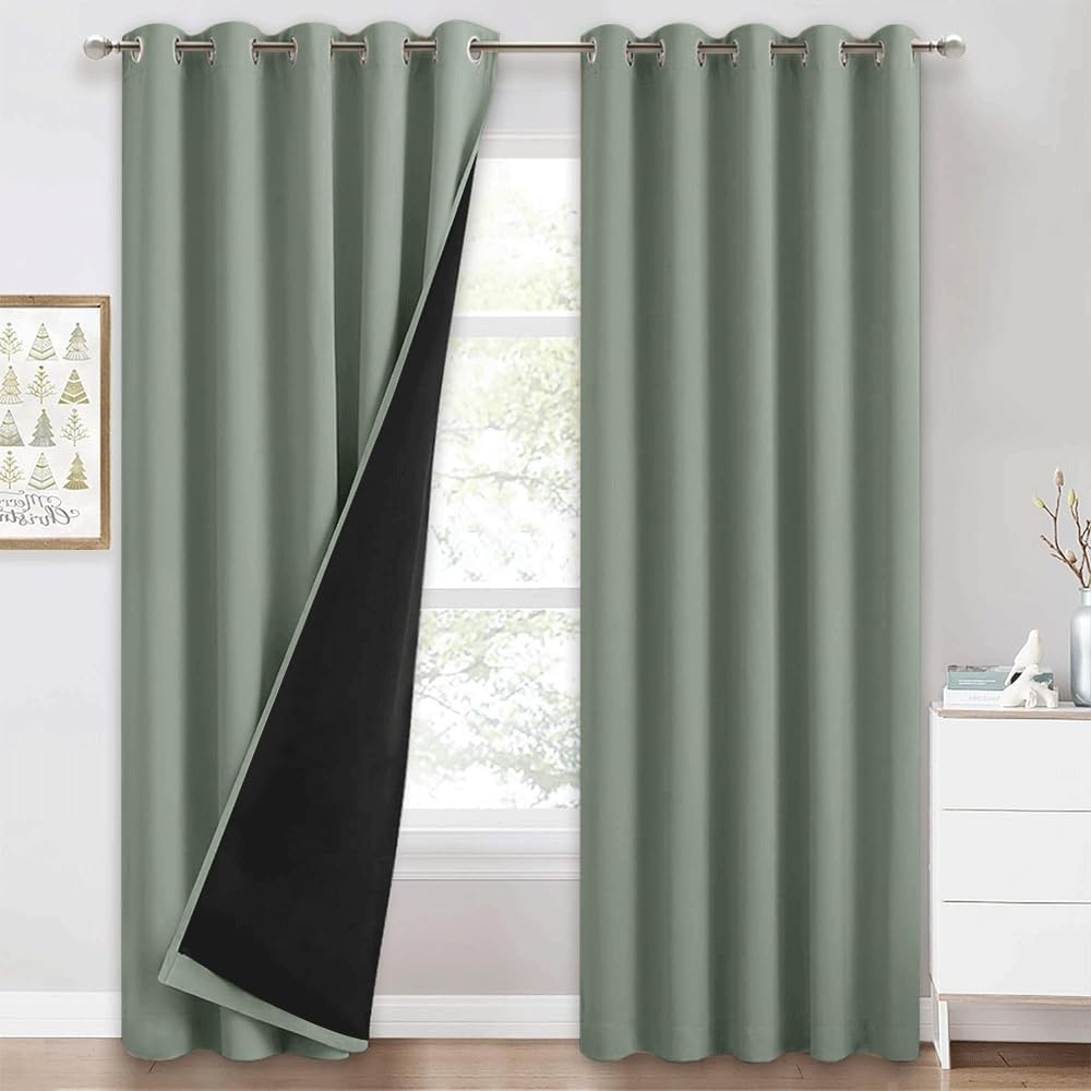 PONY DANCE Double Layer Thermal Eyelet Curtains, 66x90 Inch, Sage Green — image 1