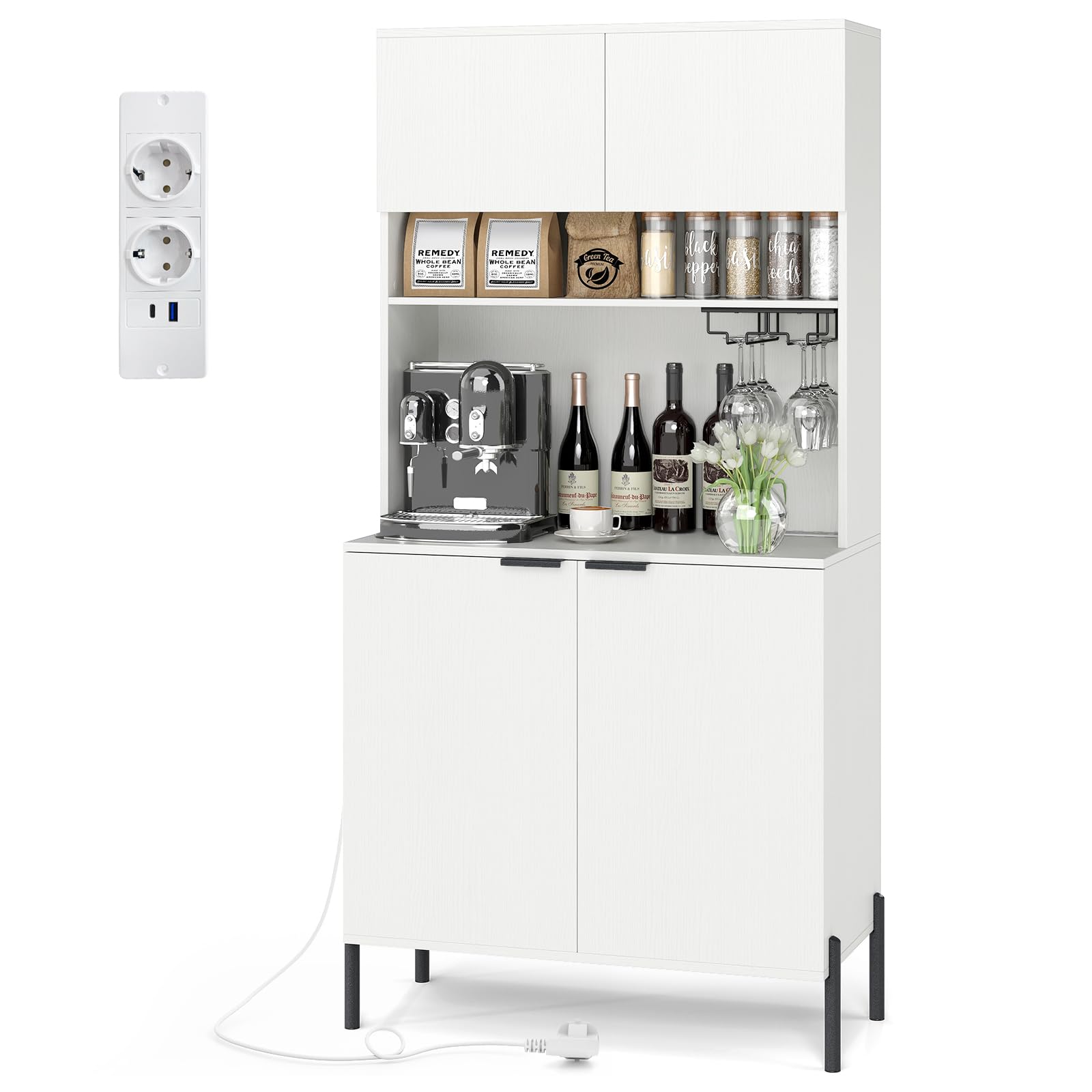 GOPLUS Armario Despensa de Cocina, 164 cm Alacena de Almacenamiento con Enchufes, Botelleros, Puertas y Estantes Ajustables, Aparador Buffet Independiente para Comedor Sala de Estar Cafetería (Blanco)