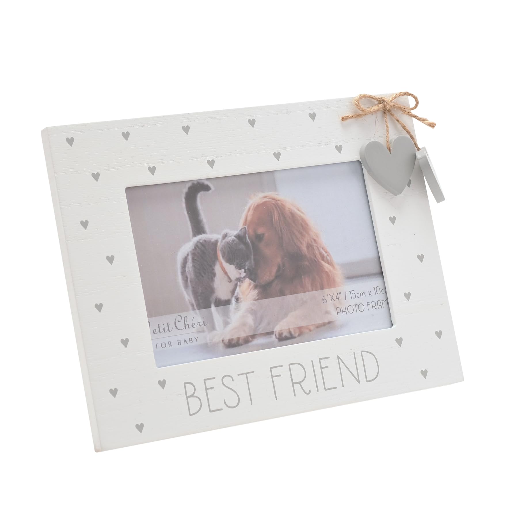 Widdop and Co Pet Photo Frame for Dog, Cat or Other Pet - White Frame with The Wording 'Best Friend' & Two Grey Hanging Hearts on a Bow - 6'' x 4''