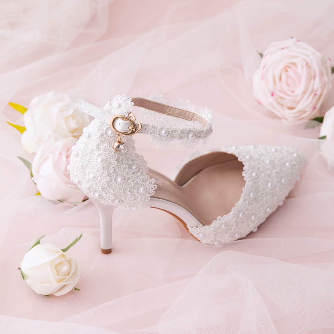 Sandalias de tacón alto para mujer, con puntera cerrada, con encaje floral, perlas, correa de aguja, zapatos de fiesta de boda, 3.74 pulgadas, Blanco 8
