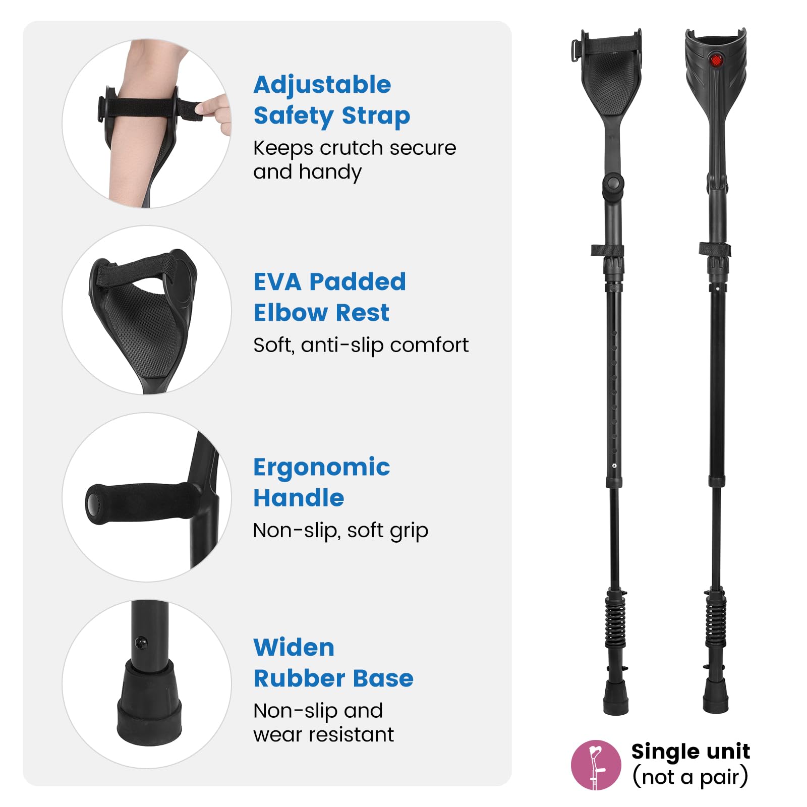 Muletas ergonómicas para antebrazo, muletas de asistencia de resorte para adultos, cómodas y ajustables en altura, antebrazo con base antideslizante, muletas para caminar con puños, no un par
