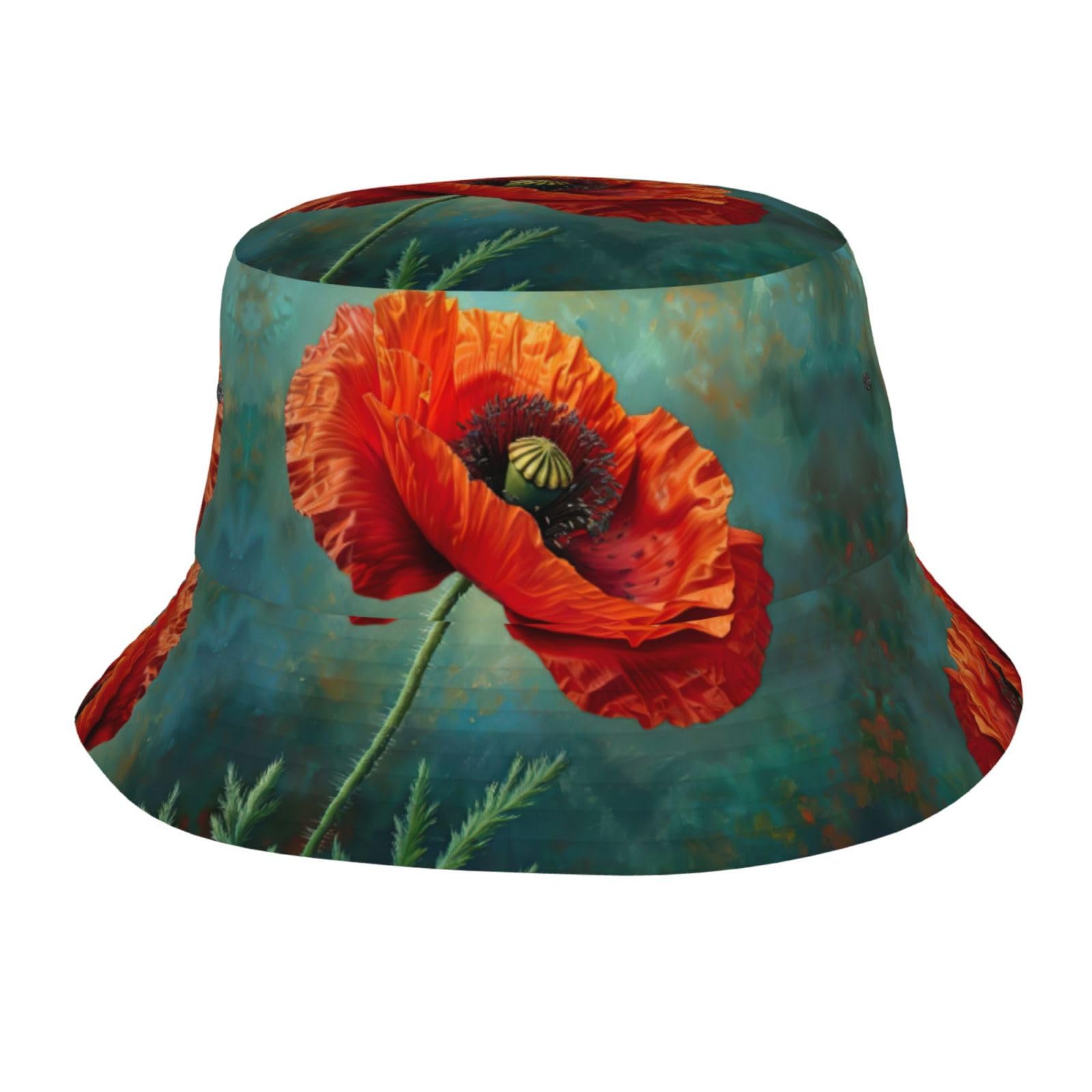 Poppy Flower Print Unisex Sun Hat,Wide Brim Bucket Hat Packable Hat for Fishing Hiking Gardening Safari Beach Black, Black, One size