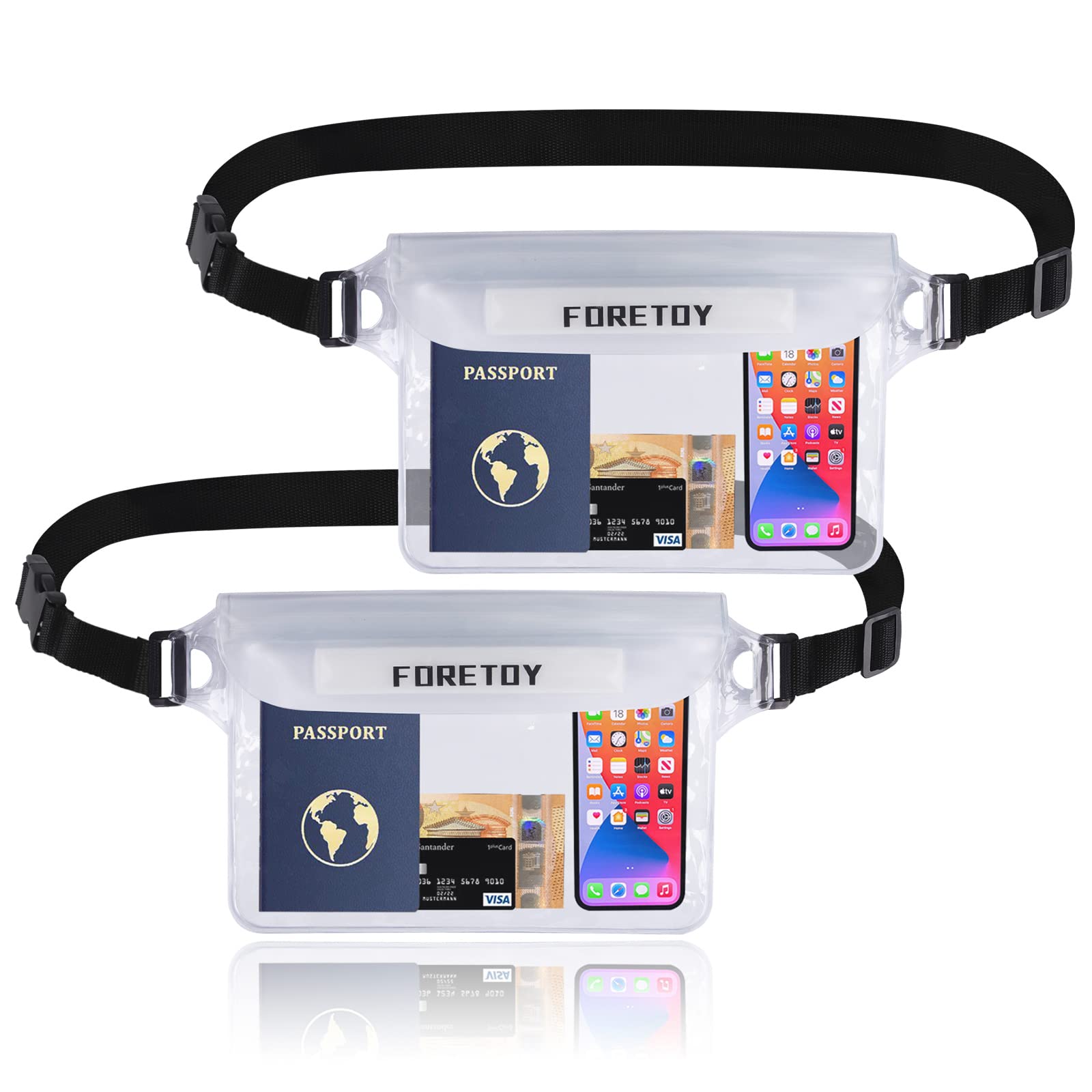 FORETOY Waterproof Pouch Bag, Waterproof Fanny Pack, Waterproof Bum Bag with IP68 Waterproof Mobile Phone Case for Water Sports, Beach, Swimming, Climbing, Transparent, 2 Pieces — image 1