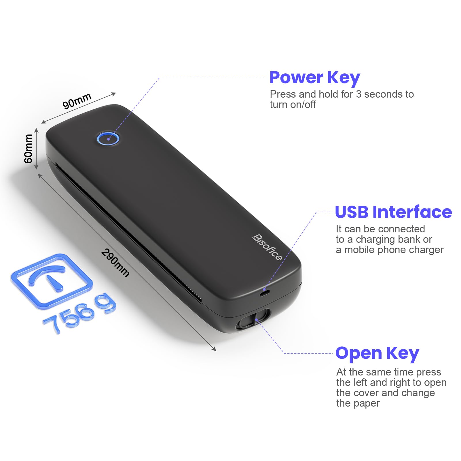 Bisofice L81-300DPI Stampante Termica Portatile A4 Bluetooth USB Monocromo Senza inchiostro Nero