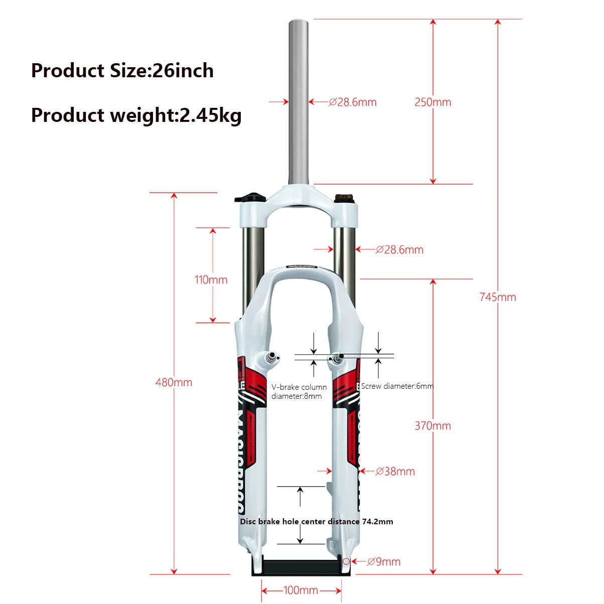 Widelec rowerowy 26 cali 100 mm amortyzator rower górski widelec przedni 1 1/8 rura prosta stop aluminium mechaniczny szybkomocujący 9 mm hamulec tarczowy/hamulec V (biały niebieski)