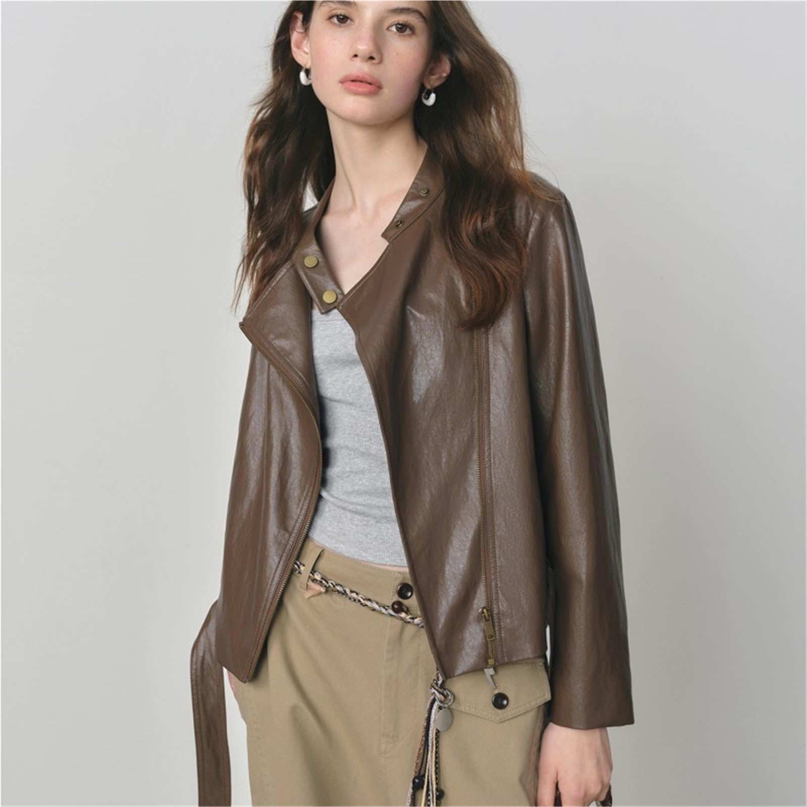 Chaqueta Cuero Mujer Chaqueta corta de cuero sintético marrón oscuro for mujer, abrigo informal ajustado otoño Para salir