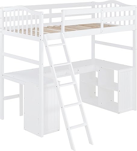 Miniatura 22 de Merax Cama tipo loft de madera de tamaño individual con escritorio/2 cajones/gabinete/4 estantes, cama loft multifuncional con escalera y