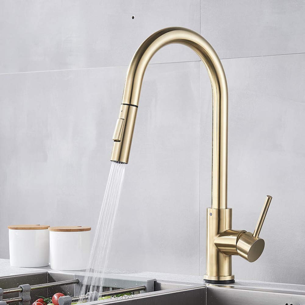 BHFPFZA Brushed Gold PullOut Kitchen Sink Faucet Smart Touch Sensor Hot & Cold Mixer Tap Black Nickel Spray Modern Crane Design for Home & Restaurant